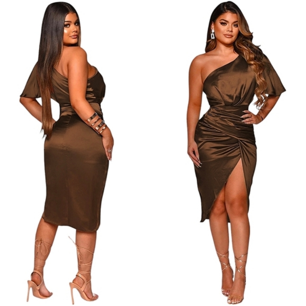 ❤️Elegant Coffee Brown Womens Midi One Shoulder Dress💎 - Picture 1 of 3